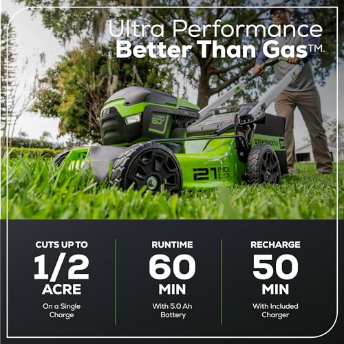 Greenworks 60V 21" Cordless Lawn Mower – 5.0Ah Battery & Rapid Chargerr(75+ Tool Compatibility, 60Min Runtime)