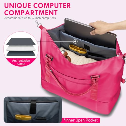 WOOMADA Weekender Overnight Bag for Women, Shoulder Travel Duffel with Shoes Compartment,Gym Bag with Toiletry Bag(Hot Pink)