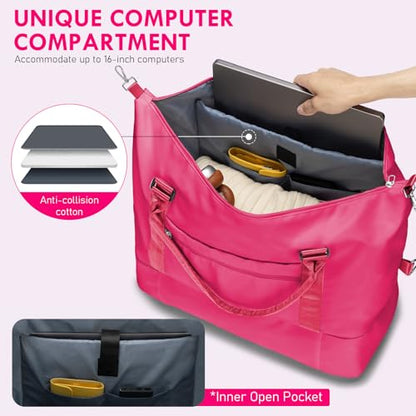 WOOMADA Weekender Overnight Bag for Women, Shoulder Travel Duffel with Shoes Compartment,Gym Bag with Toiletry Bag(Hot Pink)