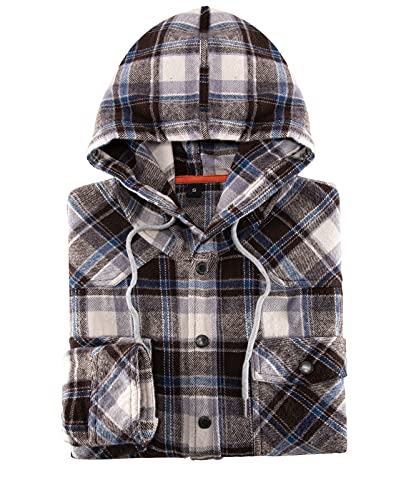 ZENTHACE Men's Flannel Shirt Jacket with Hood,Long Sleeve Plaid Flannel Hoodie Jackets Coffee/White M