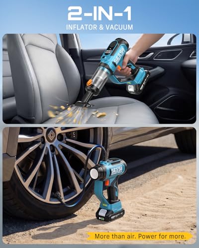 SEESII 2-in-1 Tire Inflator & Car Vacuum with 2×2000mAh Batteries