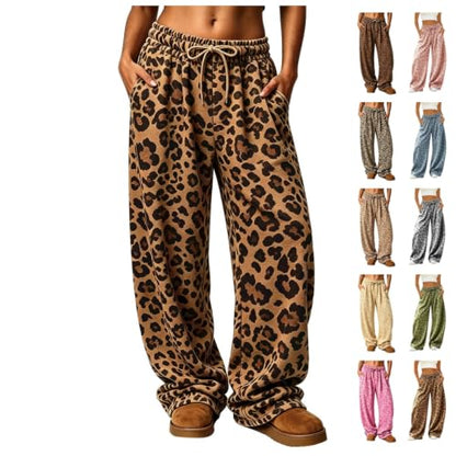 Leopard Sweatpants Womens Baggy Wide Leg Lounge Joggers Pants with Pockets