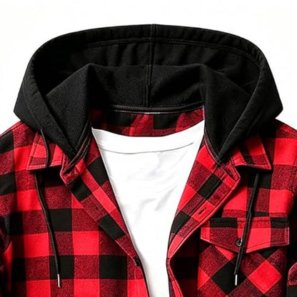Hooded Flannel Jacket Men Long Sleeve Button Down Plaid Shirt Red