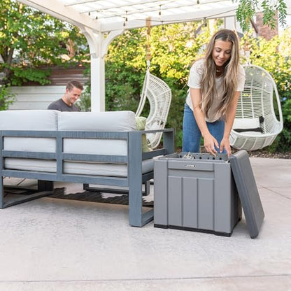 LIFETIME 25 Gallon Outdoor Storage Cube, Deckbox, Brown lid, Storage Box for Gardening Tools, Pool Supplies, Patio Furniture & More
