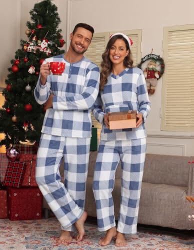 PrinStory Couples Matching Fleece Pajama Set for Women & Men Warm Sleepwear