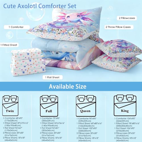 Feelyou Boys Girls Cute Axolotl Comforter Set with Sheets Twin Size, Ocean Sealife 7 Pieces Bedding Sets Kids Kawaii Bed in A Bag Cartoon Salamander Bed Set