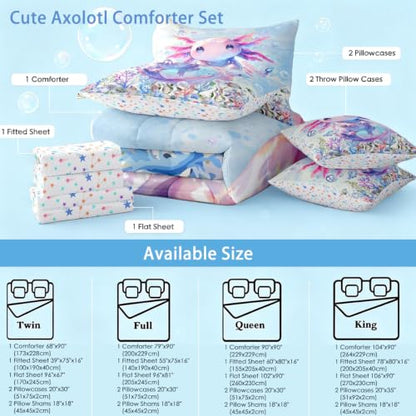 Feelyou Boys Girls Cute Axolotl Comforter Set with Sheets Twin Size, Ocean Sealife 7 Pieces Bedding Sets Kids Kawaii Bed in A Bag Cartoon Salamander Bed Set