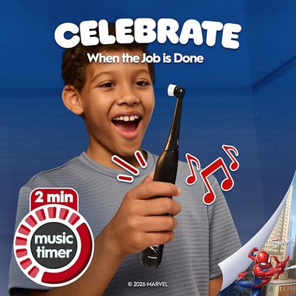Oral-B iO Kids Rechargeable Electric Powered Toothbrush, Spiderman with 1 Gentle Care Brush Head - Automatic Pressure Sensor to Protect Gums - 3 Cleaning Settings - 2 Min Music Timer - 28 Day Battery Life