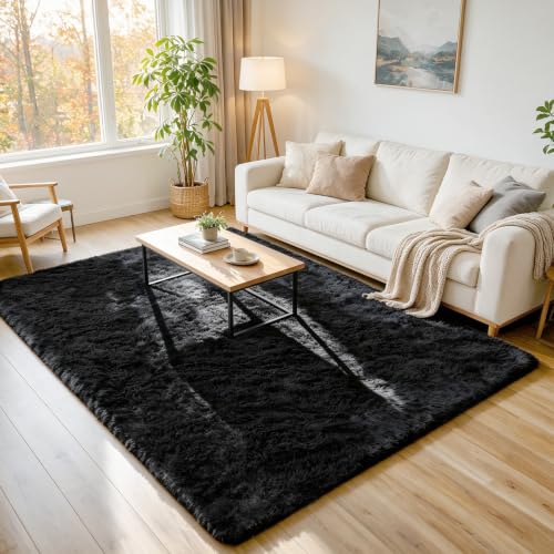 Huiuhjirug 4x6 Area Rug, Fluffy Shag Carpet for Living Room Black