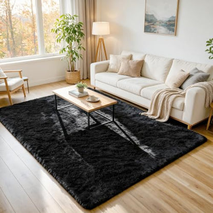 Huiuhjirug 4x6 Area Rug, Fluffy Shag Carpet for Living Room Black