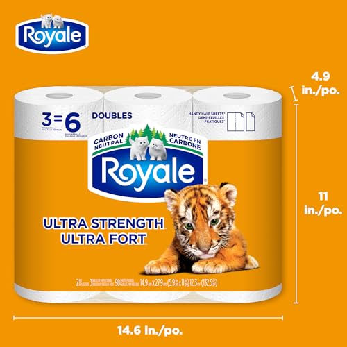 Royale Tiger Strong Paper Towel, 3 Double Equal 6 Rolls, 98 Half Sheets per Roll, White