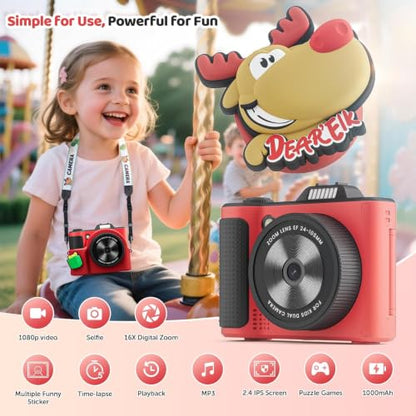 Kids Camera for Boys and Girls 1080P HD Selfie Video Camera Digital Camera for 3-10 Year Old Girls Boys with Cartoon Soft Cover & SD Card Gift for Kids Best Chritmas Birthday Festival