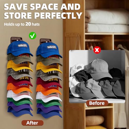 Spring Clip Hat Organizer for Baseball Caps – 2 Pack, Wall Hat Rack for Door & Closet – Keeps 20 Hats Tidy in Garage, Dorm, Man Cave – Multi-Layer Cap Storage (Brown)