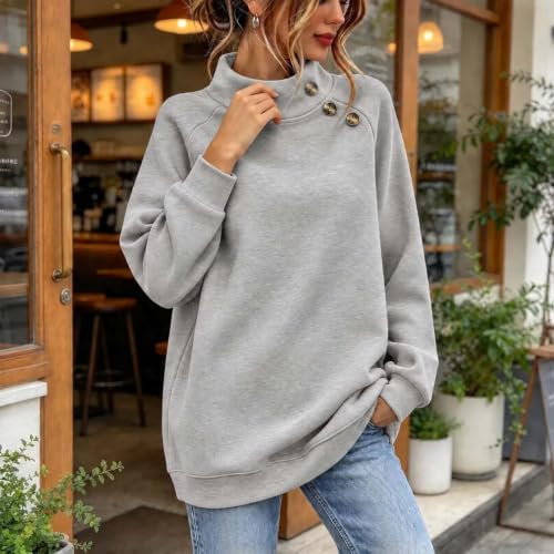 Mockneck Sweatshirt Sweatshirt for Women Trendy Mock Neck Button Decor Long Sleeve Pullover Top, Casual Loose Fit Solid Sweatshirts Gray