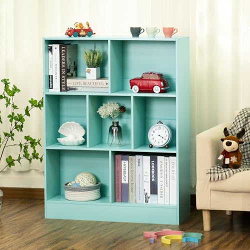 LEYAOYAO 7 Cube Bookshelf with Base,3 Tier Mid-Century Modern Bookcase,Standing Wide Bookshelves Storage Organizer Shelf,Rustic Wood Display Cabinet Book Shelves for Bedroom,Living Room,Office,Green