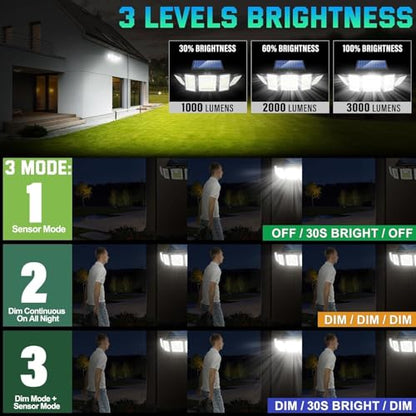 MDCMDCM Solar Lights Outdoor Motion Sensor IP65 Waterproof - 416 LEDs 3000LM Bright 3 Warm White Lighting Modes, 360°Adjustable 32ft for Garden Patio Security