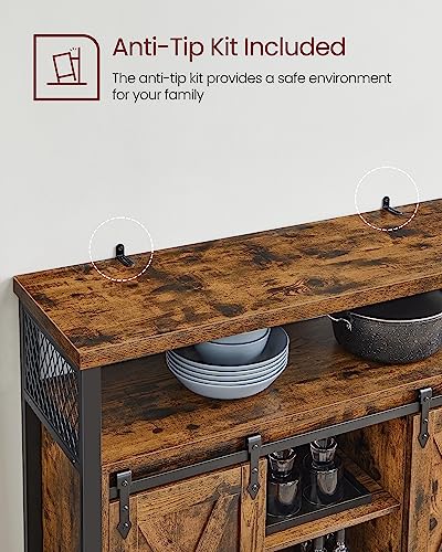 VASAGLE Buffet Cabinet, Coffee Bar Storage Cupboard, Sideboard with 2 Sliding Barn Doors, Adjustable Shelves, 33 x 100 x 80 cm, for Living Room, Rustic Brown and Ink Black ULSC092B01