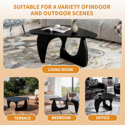 FANCROU Modern Triangle Glass Coffee Table, with and Unique Wooden Base, Mid-Century Small Accent Table for Living Rooms, Offices and Apartments, Black Linen Legs & Black Linen Tabletop, 80CM