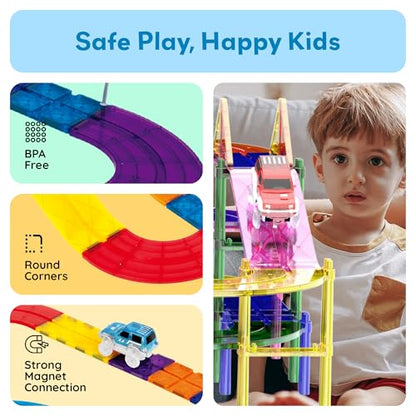 PicassoTiles 100 Piece Race Track Set, Magnetic STEM Toy, LED Cars, Ages 3+