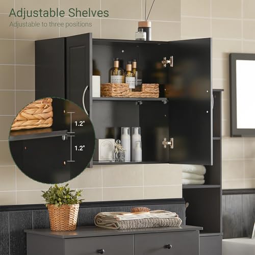 SoBuy Bathroom Wall Cabinet with Adjustable Shelf, 60x30x60 cm | Ultra-Slim Medicine Cabinet with Double Doors and Adjustable Shelf for Bathroom, Kitchen or Laundry, Black, FRG231-SCH