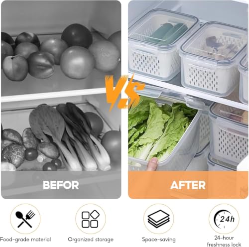 4 in 1 Food Storage Container, Set of 3 Produce Keeper Containers for Fridge, Household Transparent Plastic Food Storage Box-Including Drain Basket, For Vegetable and Berry, Kitchen Organizer
