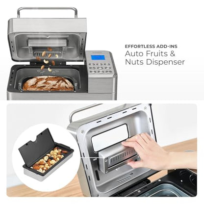 CUCKOO CBM-AAB101S | Multi-Functional Bread Maker | 1 lb., 1.5 lb., & 2 lb. Loaf Options, Crust Color Customization, Auto Fruit & Nut Dispenser, Gluten-Free Option | Stainless Steel