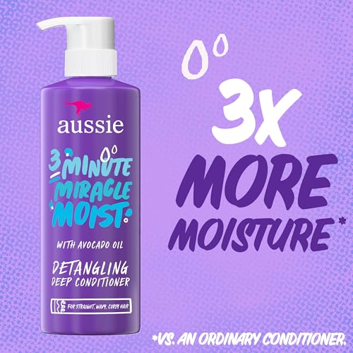 Aussie 3 Minute Miracle Moist Detangling Deep Conditioner Treatment with Avocado Oil, Paraben and Sulfate Free, 1.42 L in Total (3 Count of 475 mL Each)