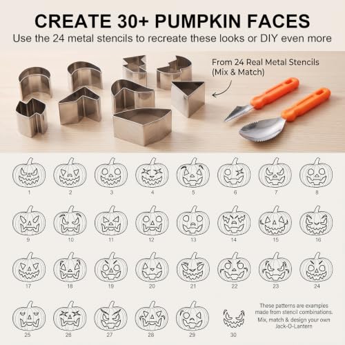 Halloween Pumpkin Carving Kit, 24pcs Pumpkin Cutters & 2pcs Carving Tools | Stainless Steel 26pcs Pumpkin Carving Knife Tools Set for Adults Beginners, Easy Safe Fun DIY Jack-O-Lantern Halloween Decor