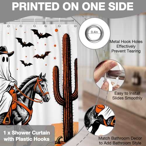 Leowefowa Halloween Western Cowboy Ghost Shower Curtain, Cute Spooky Ghost on Horse Desert Shower Curtain with Pumpkin Moon & Cactus, Funny Halloween Bathroom Curtains for Kids, 72''Wx72''L