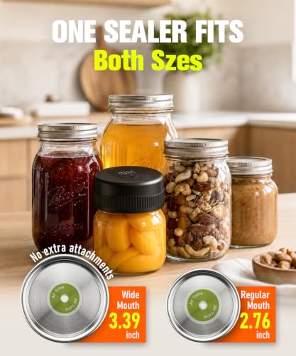 Mason Jar Vacuum Sealer Kit for Wide and Regular Mason Jars | USB Charging, Rechargeable 1200mAh Battery, Smart One-Touch Button, Portable Vacuum Sealer for Food Storage and Fermentation