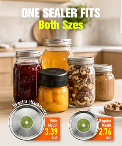 Mason Jar Vacuum Sealer Kit for Wide and Regular Mason Jars | USB Charging, Rechargeable 1200mAh Battery, Smart One-Touch Button, Portable Vacuum Sealer for Food Storage and Fermentation
