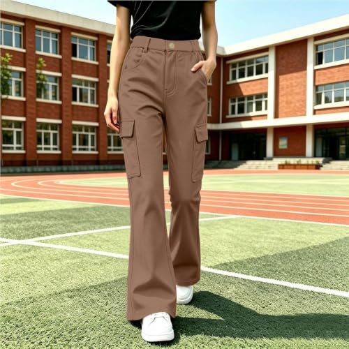 Girls Cargo Pants School Uniform Flare Pants High Waisted Trousers Khaki