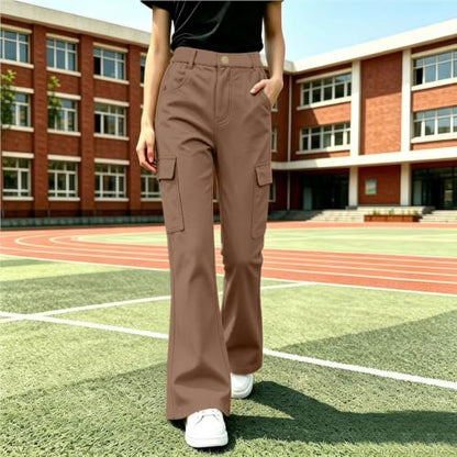 Girls Cargo Pants School Uniform Flare Pants High Waisted Trousers Khaki