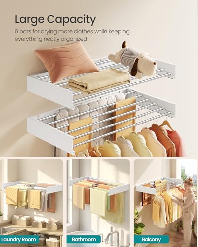 SONGMICS Wall Mounted Drying Rack, Clothes Drying Rack Foldable, 100 cm Wide Laundry Clothes Airer with Wall Template, 6 Fold-Out Aluminum Alloy Bars, Indoor, Matte White ULLR810WE01