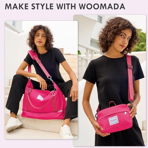 WOOMADA Weekender Overnight Bag for Women, Shoulder Travel Duffel with Shoes Compartment,Gym Bag with Toiletry Bag(Hot Pink)
