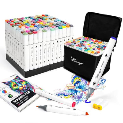 Flavery Alcohol Markers Fine Chisel 120 Colors, Adult Coloring with Base