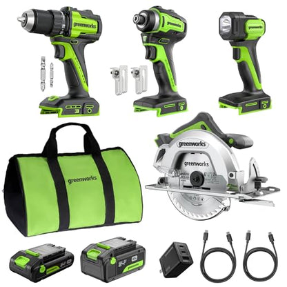 Greenworks 24V Cordless Brushless Combo 400 in-lbs Drill/Driver +1950 in-lbs Impact Driver +6.5" Circular Saw +200LM Flashlight, 2.0Ah + 4.0Ah Batteries (24,000mAh Power Bank) and 65W USB-C Charger