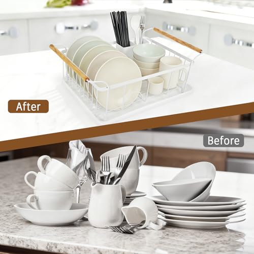 Fvellix Dish Racks for Kitchen Counter, Thickened Metal Dish Drying Rack with Wooden Handles, Kitchen Countertop Organizer for Dishes, Spoons and Forks, No Assembly, White, 16.7''*12.6''*5.12''