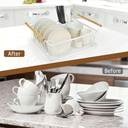 Fvellix Dish Racks for Kitchen Counter, Thickened Metal Dish Drying Rack with Wooden Handles, Kitchen Countertop Organizer for Dishes, Spoons and Forks, No Assembly, White, 16.7''*12.6''*5.12''
