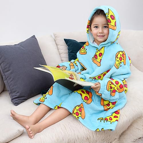Oversized Hoodie Blanket, Printed Wearable Blanket Sweatshirt Sherpa TV Blanket (Blue Pizza-Child)