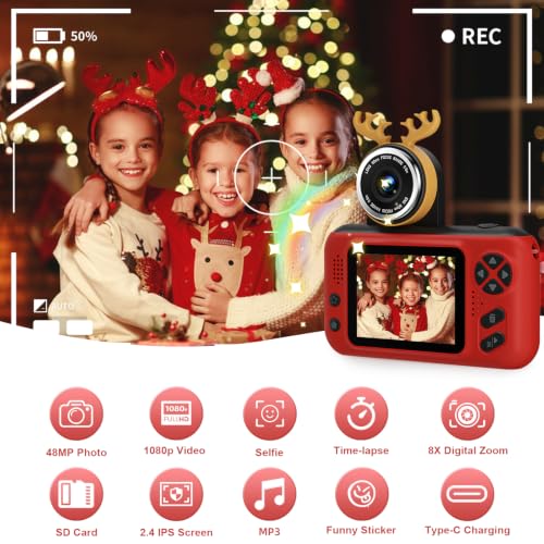 Kids Camera, Birthday Gifts for Boys and Girls Age 3-8,Video Recorder for Kids 8-12,Childrens Digital Camcorder for vlogging Portable Kids Selfie Camera with 32GB SD Card Red