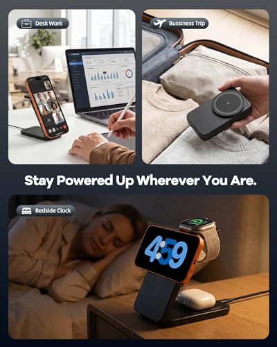 Wireless Phone Charger 15W magnetic Station charging iPhone Watch Earbuds | 3-in-1 15W Qi magnetic charging; fits MagSafe-ready Phones; foldable; LED indicator; for Watch & Earbuds
