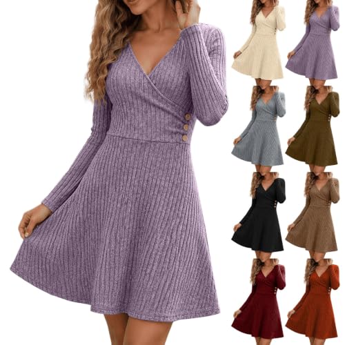 Fall Dresses for Women Long Sleeve Knitted Dress A Line Dresses Purple