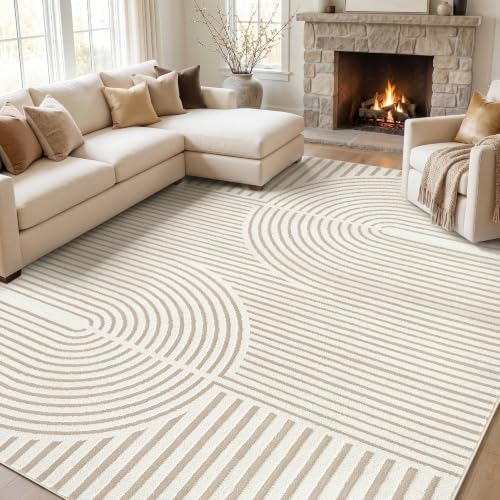 5x7 Area Rugs for Living Room: Boho Washable Soft Nursery Rug Geometric Jacquard Textured Non Slip Baby Girl Rug Carpets for Bedroom Nursery Dining Room Home Office - Beige