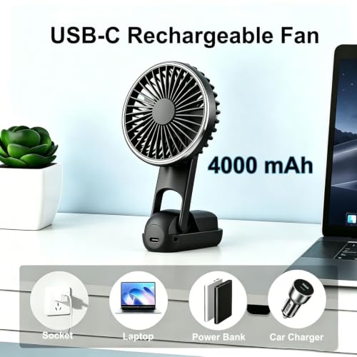 Hand Held Fan, Handheld Fan USB Rechargeable Fans with 5 Speeds 4000mah, Portable Mini Powerful Personal Fan Foldable Fans for Outdoor Office Travel Camping School Home (Black)