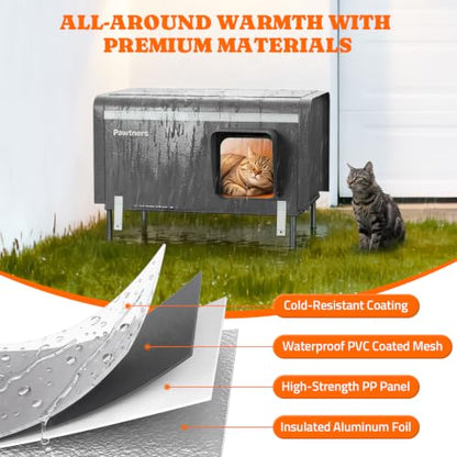 Pawtners 26'' XL Heated Outdoor Cat House for Outside Feral Cats Winter | All Metal Frame Insulated Weatherproof Cat Shelter with Heated Pad, Elevated Feet & Escape Door, Warm Kitty Stray Cat House
