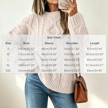 Sueter Tejidos para Mujer, Long Sleeve Cable Knit Pullover Sweaters Beige
