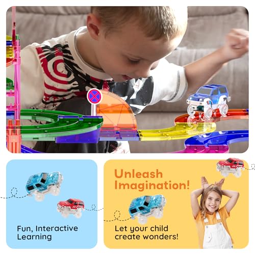 PicassoTiles 100 Piece Race Track Set, Magnetic STEM Toy, LED Cars, Ages 3+