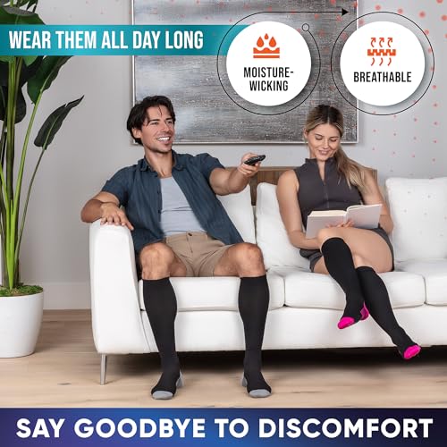 PhysFlex Compression Socks for Women and Men - Best Support for Running, Flying, Pregnancy - Knee High Graduated Compression Stockings (Black/Dark Grey, S/M)