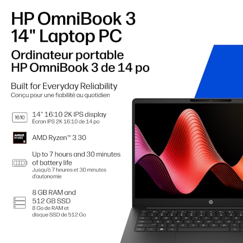 HP OmniBook 3 14 inch Laptop PC, 2K Display, AMD Ryzen 3 30, 8 GB RAM, 512 GB SSD, AMD Radeon 610M Graphics, Windows 11 Home, Jet Black, 14-hy0006ca